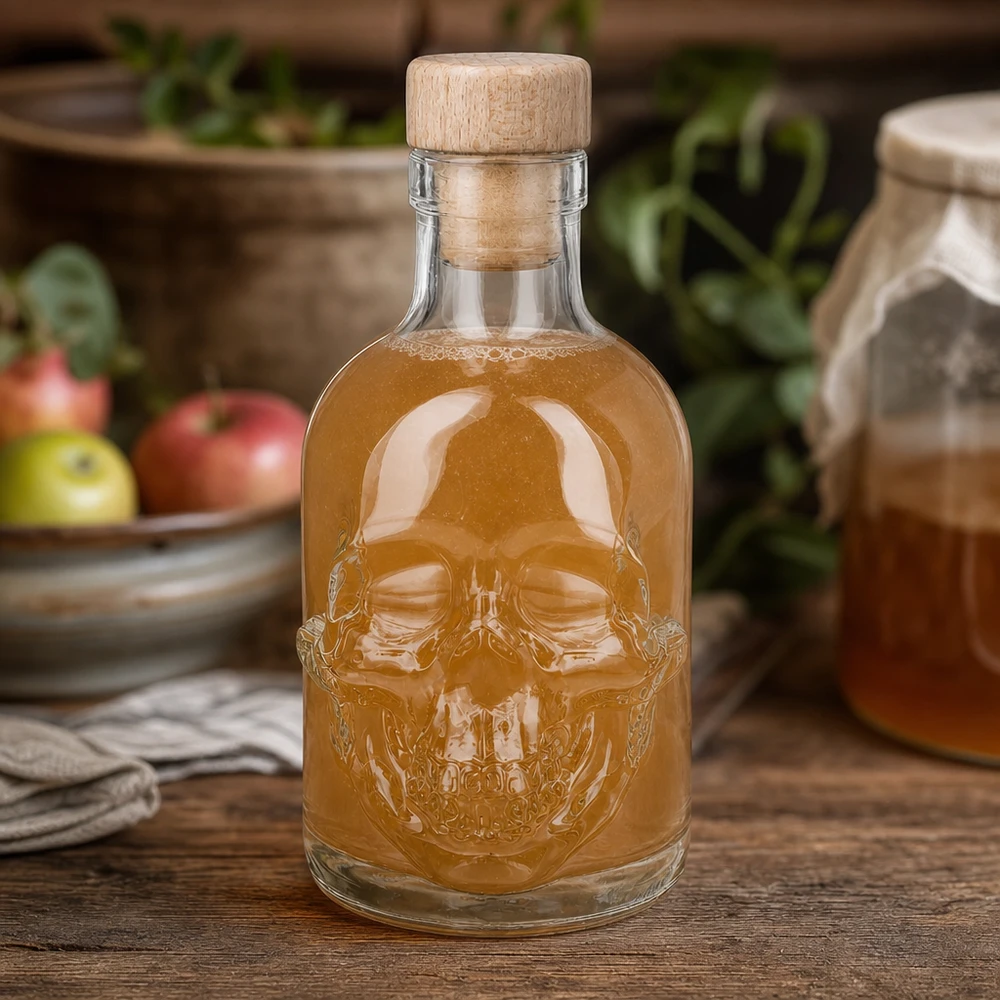 200ml Totenkopf-Glasflasche Jack mit bernsteinfarbener Füllung in Küchen-Ambiente mit Äpfeln und Kräutertöpfen