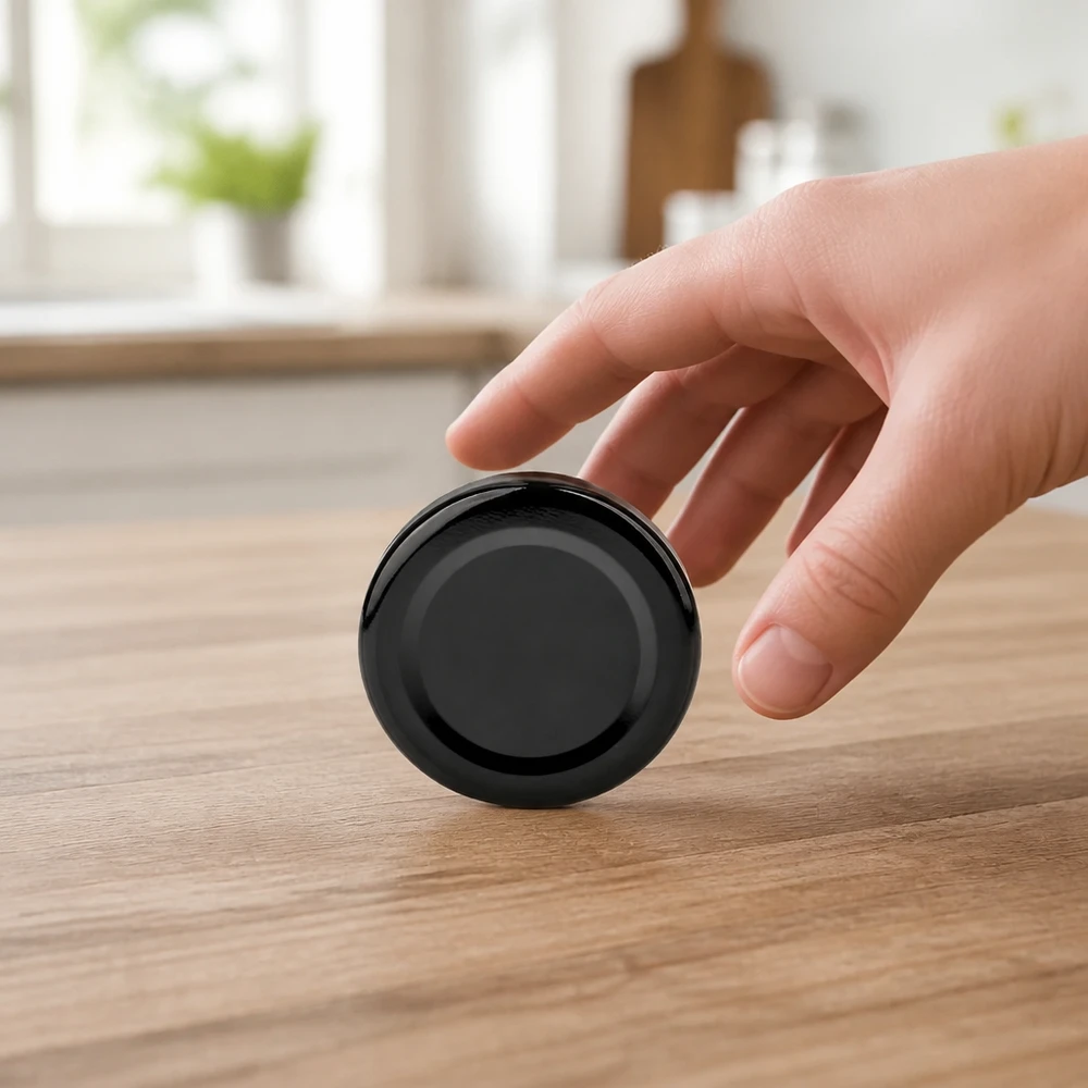 43mm BasicSeal Deckel schwarz (TO43) UNiTWIST TO43 Einmachdeckel 43mm in Schwarz wird mit Fingern vom Küchentisch aufgenommen