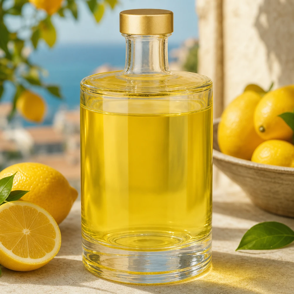 500ml Glasflasche "Sam" + Schraubverschluss gold UNiTWIST Elegante 500ml Glasflasche Sam gefüllt mit gelbem Inhalt neben Zitronen in mediterraner Küche Lifestyle Szene