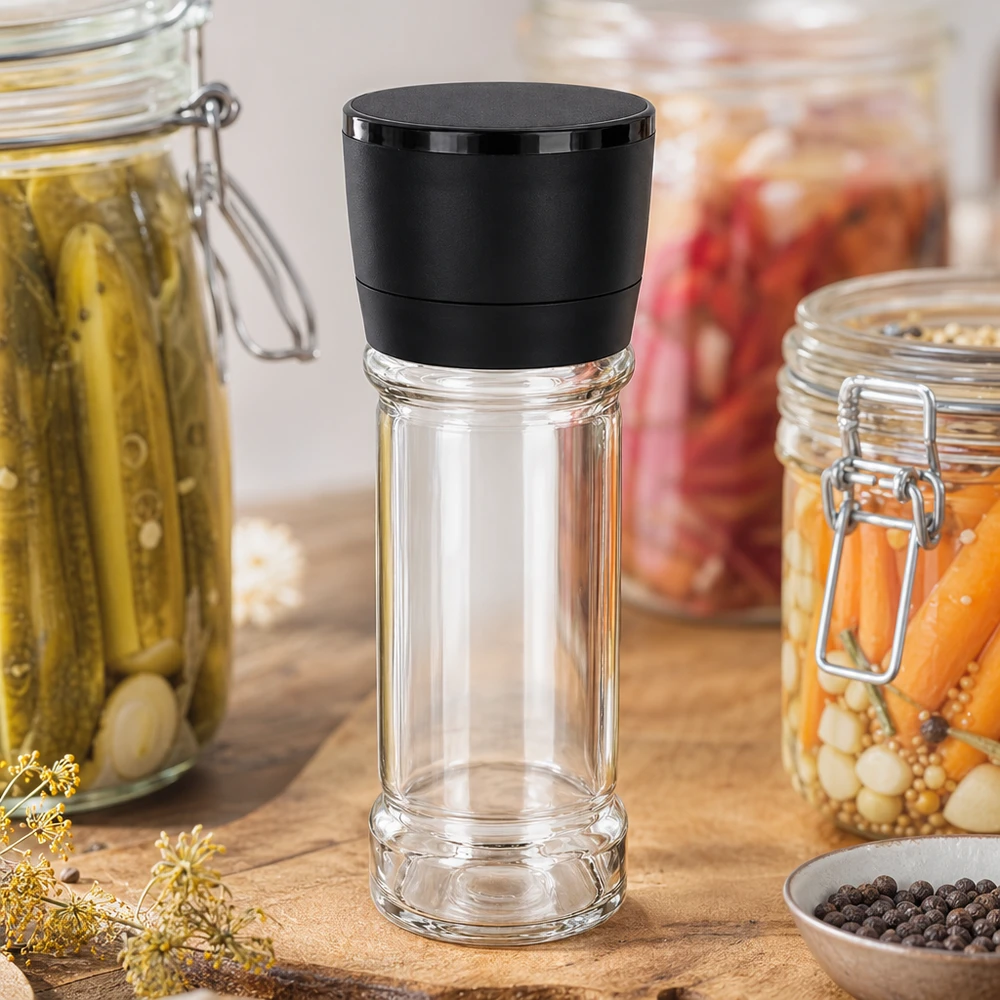 Salz-/Gewürzglas 100ml mit Mühle Vario schwarz Kleine Gewürzmühle 100ml Vario in Schwarz-Transparent neben Pfeffer und Einmachgläsern