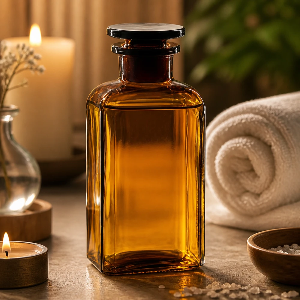 Dekorative Braunglasflasche 250ml mit Stopfen Spa und Wellness Aufbewahrung Vierkantform