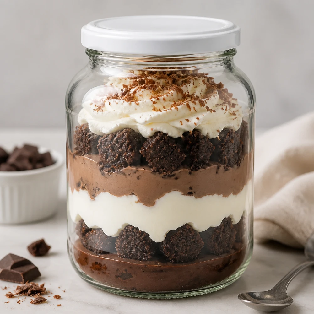 370ml Ovalglas mit BasicSeal Deckel weiß UNiTWIST 370ml Ovalglas UNiTWIST mit weißem BasicSeal Deckel befüllt mit Schoko-Dessert Tiramisu perfekt für Portion