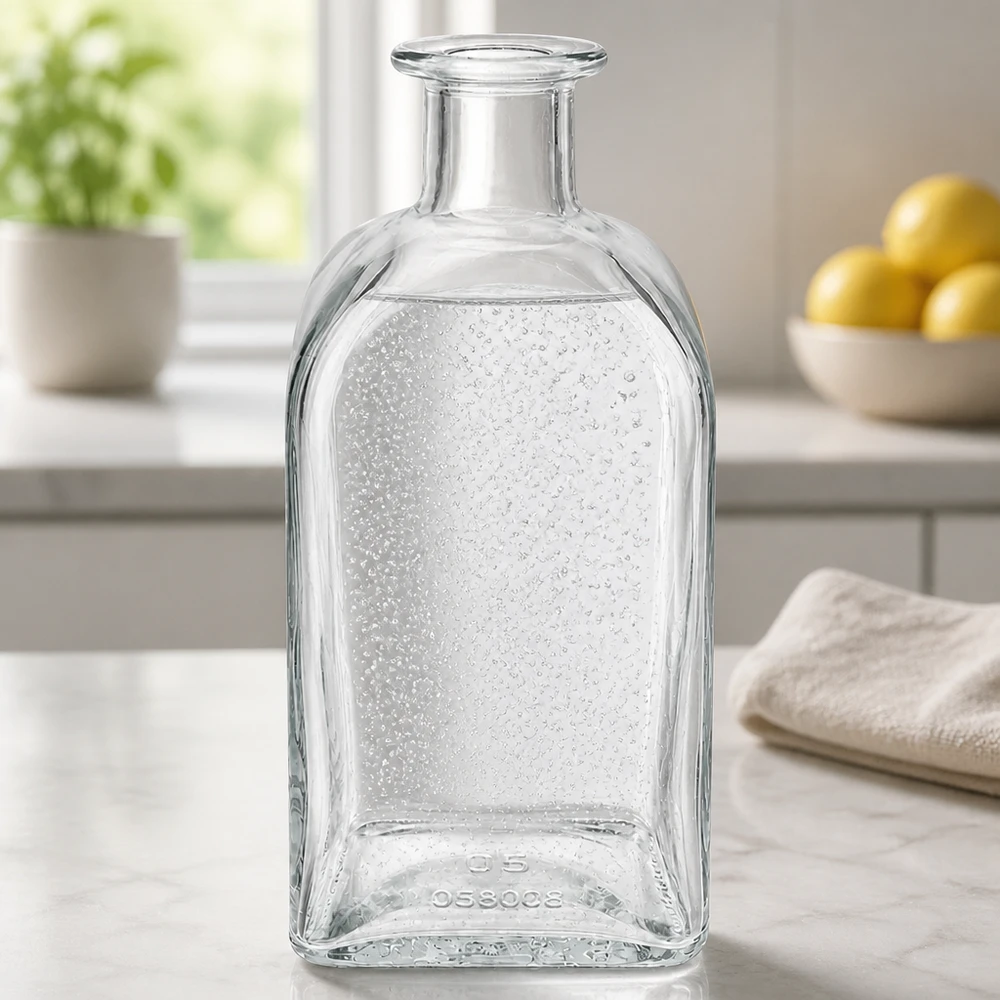 500ml Glasflasche "Julia" ohne Verschluss UNiTWIST 500ml Glasflasche Julia in moderner Küche auf Marmortheke mit Wassertropfen und natürlichem Licht