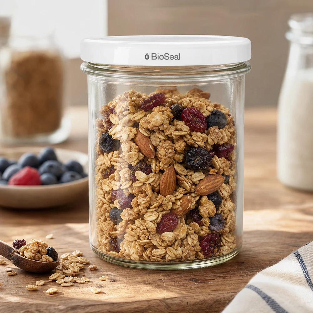 350ml Sturzglas mit BioSeal Deckel weiß UNiTWIST UNiTWIST Sturz350 Vorratsglas mit Müsli gefüllt zeigt praktische Küchenverwendung des weißen TO82 BioSeal Deckels