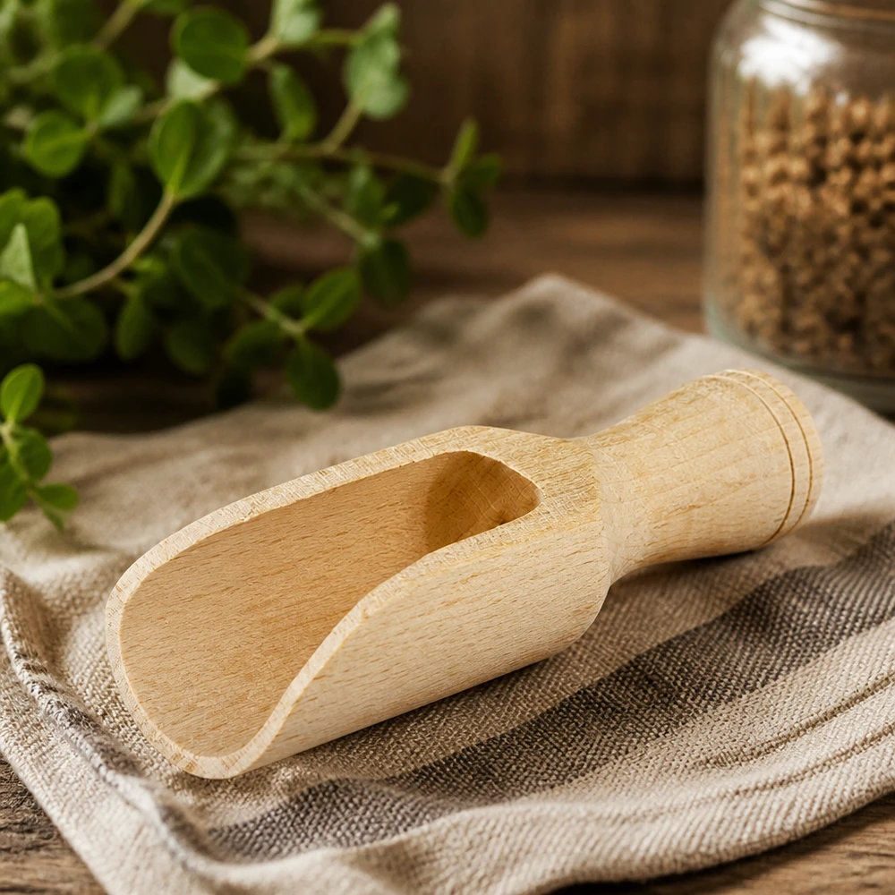 Holzschaufel Grösse S halbrunde Form - 75mm lang Holzschaufel S aus Buchenholz 7,5cm auf Leinentuch mit Kräutern und Gewürzglas natürliche Küchenausstattung