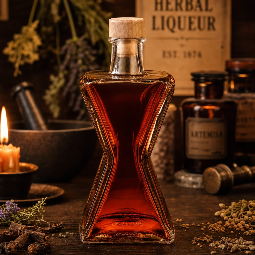 200ml Glasflasche "Star" mit Holzgriff-Korken UNiTWIST 200ml Glasflasche Star mit rotem Kräuterlikör gefüllt - Holzkorken UNiTWIST in atmosphärischer Apothekerumgebung