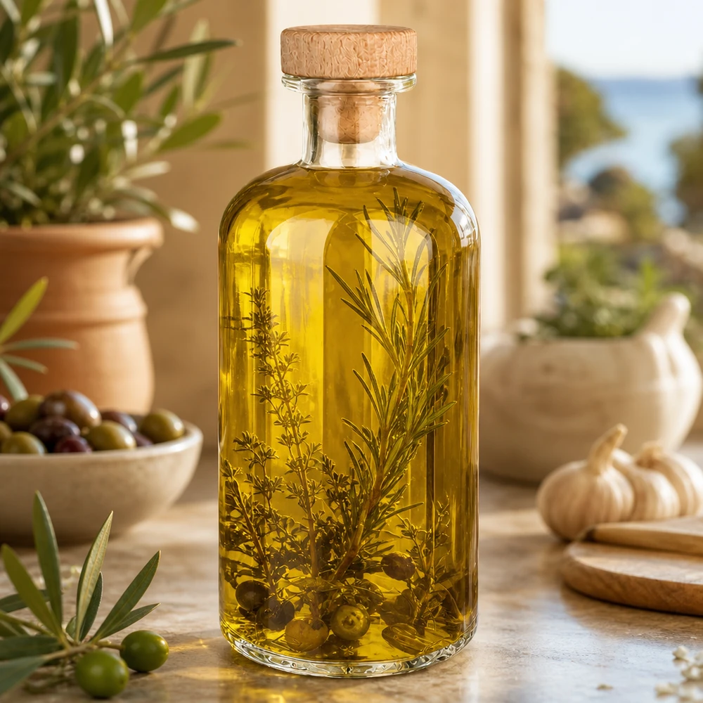 500ml Glasflasche "Flora" mit Holzgriff-Korken UNiTWIST Glasflasche Flora 500ml mit Kräuteröl gefüllt zwischen Oliven Rosmarin und Knoblauch mediterranes Küchenambiente