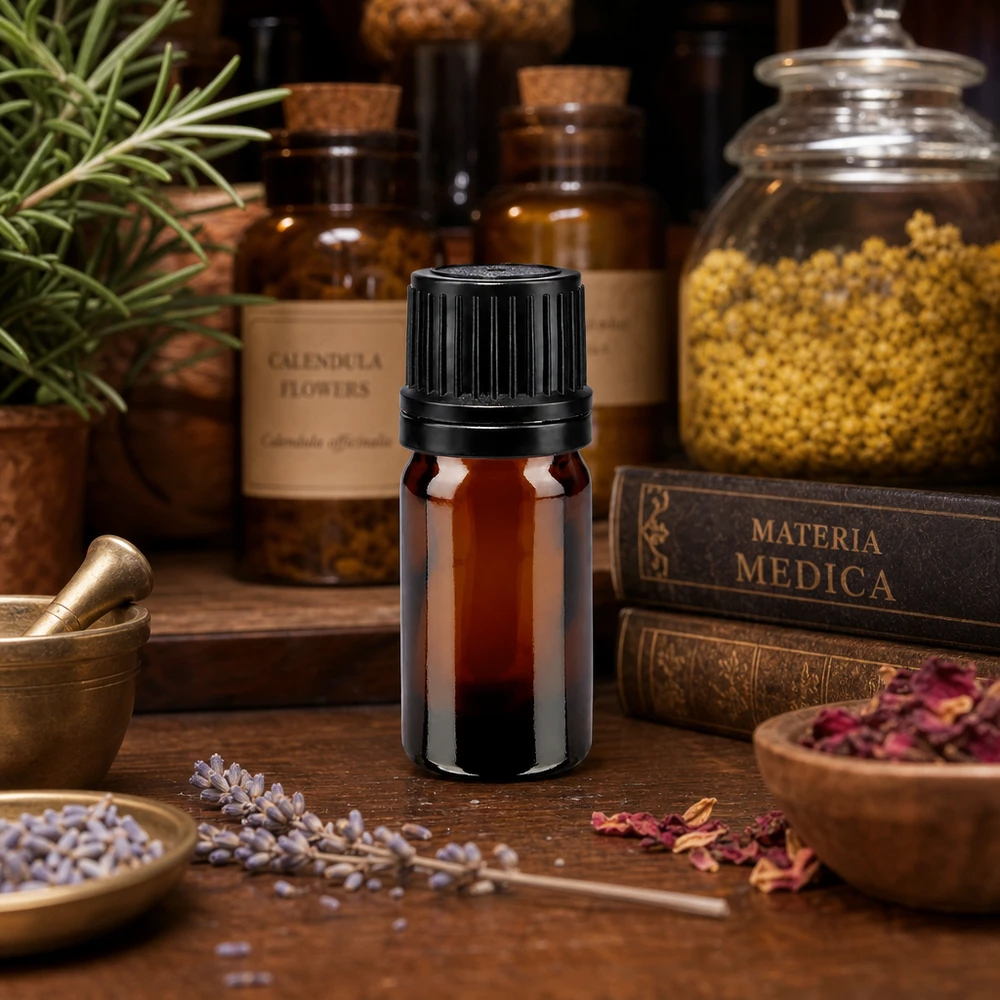 Aromaölflasche 5ml Apothekerglas mit 8mm Öffnung schwarze Schutzkappe auf Holztisch mit Lavendel