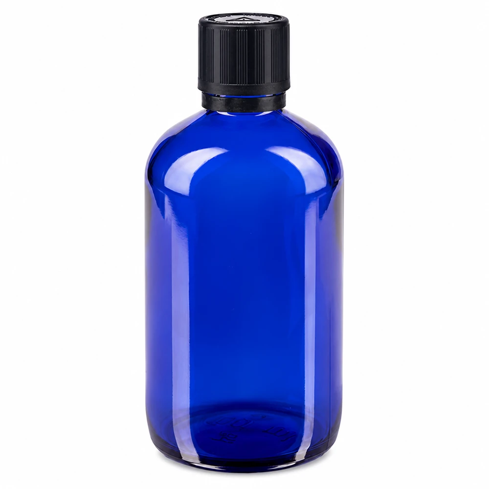 Runde blaue Apothekerflasche 100ml mit UV-Schutzglas und schwarzem Sicherheitsverschluss