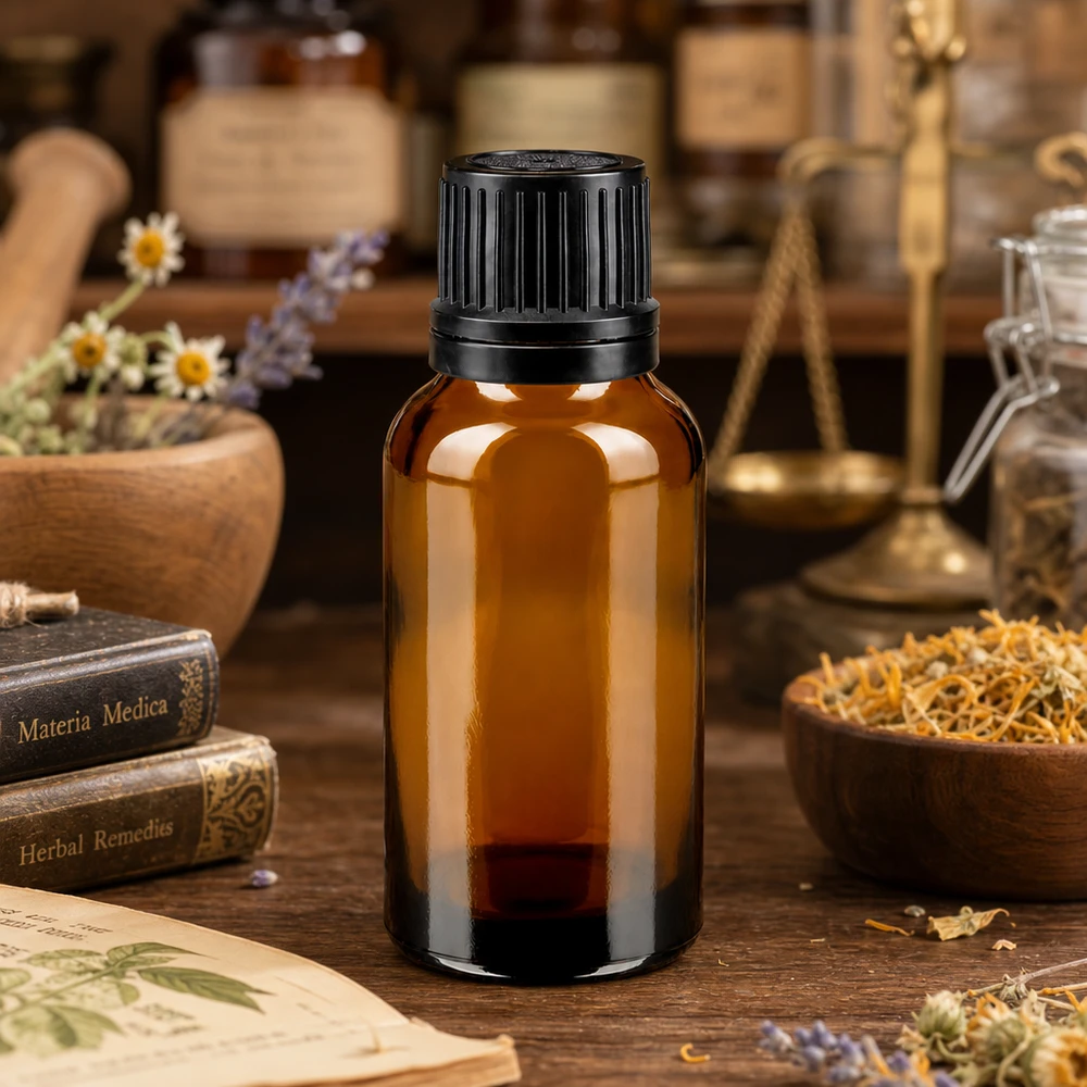 Bernsteinfarbene Medizinflasche 20ml mit schwarzem OV-Verschluss für Heilkräuteröle