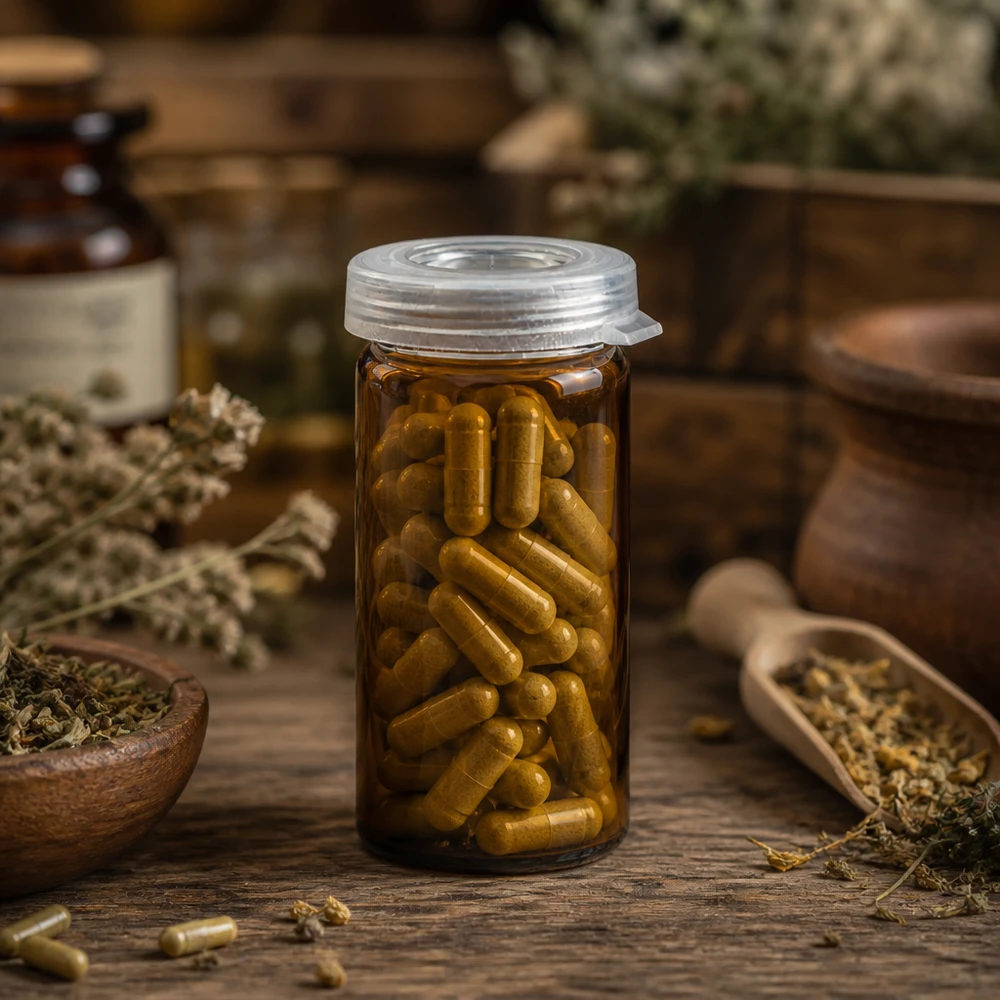 Kräuterkapseln in durchsichtigem 5ml Rollrandglas mit Schnappdeckel in natürlicher Apothekenoptik