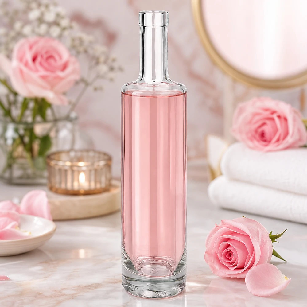 500ml Glasflasche "Centurio" ohne Verschluss UNiTWIST® 500ml Glasflasche Lina mit rosafarbenem Inhalt in romantischer Spa-Atmosphäre mit rosa Rosen und Wellness-Dekoration