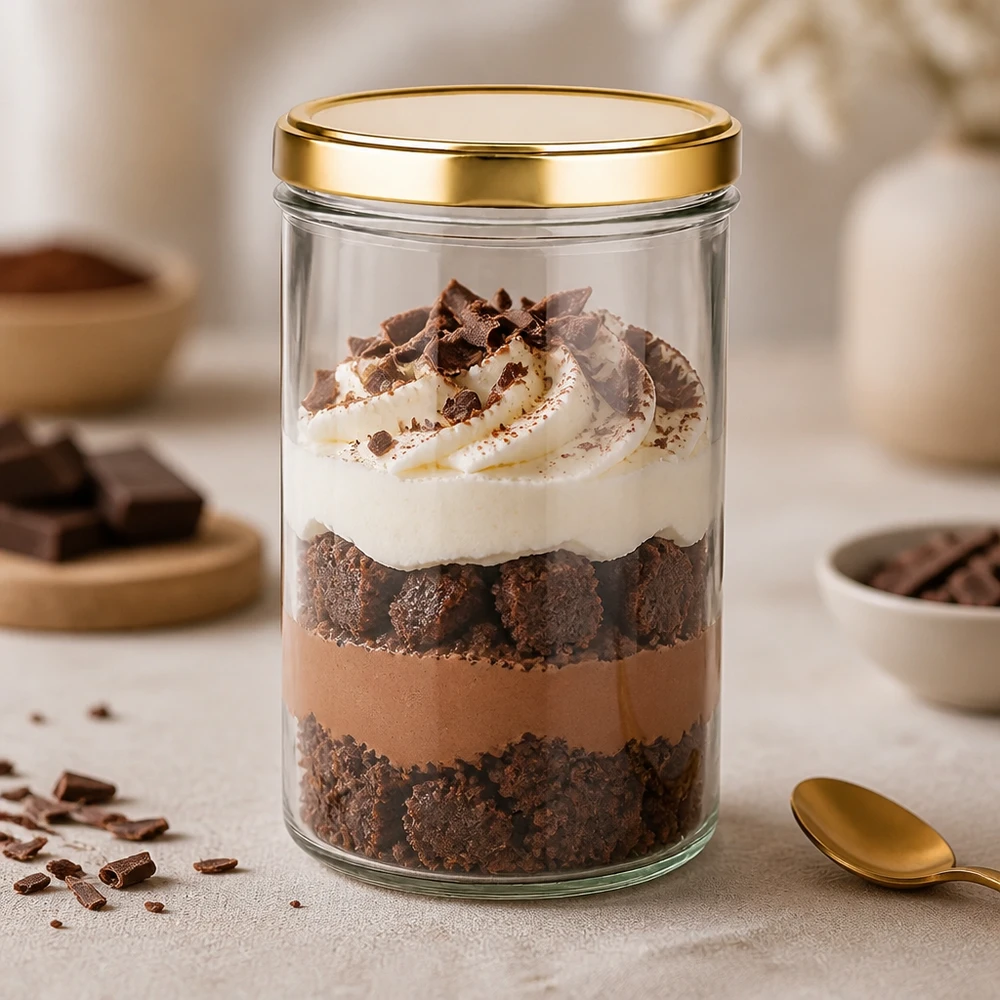 277ml Sturzglas mit goldenem UNiTWIST Deckel als Dessertglas für Schokoladen-Tiramisu mit Sahne und Kakao