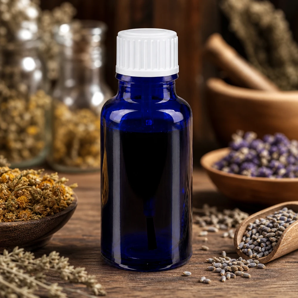 Apothekenflasche blau 20ml Schraubverschluss weiß Pinsel Apothekerglas blau 20ml mit Lavendelblüten Kamille und Holzmörser im Hintergrund