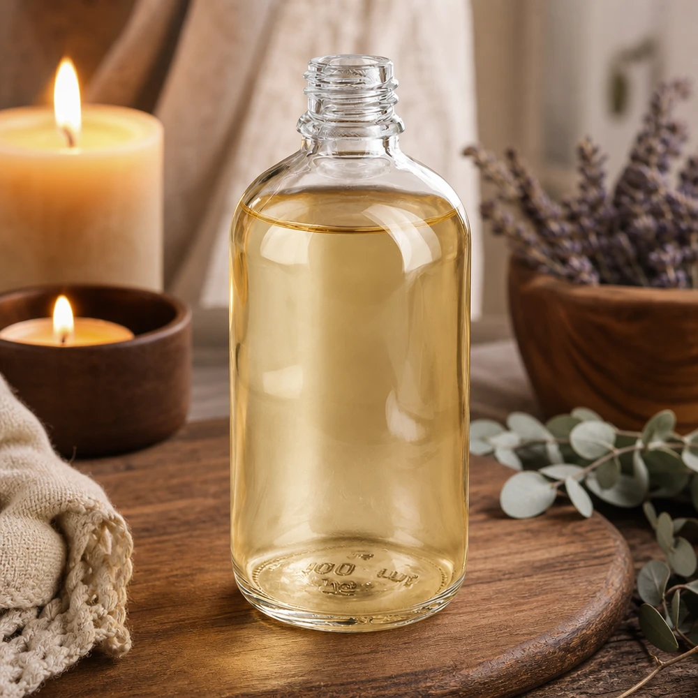 100ml Apothekenflasche ClearLine UT18/100 UNiTWIST 100ml Apothekerflasche ClearLine auf rustikalem Holztablett mit Naturkräutern und Kerzenlicht