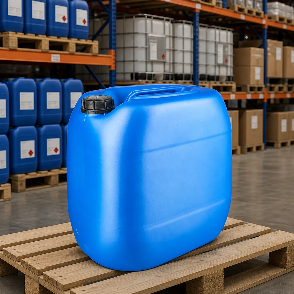 Blauer 30-Liter-Kanister mit Schraubverschluss OV für Chemikalien im Hochregallager