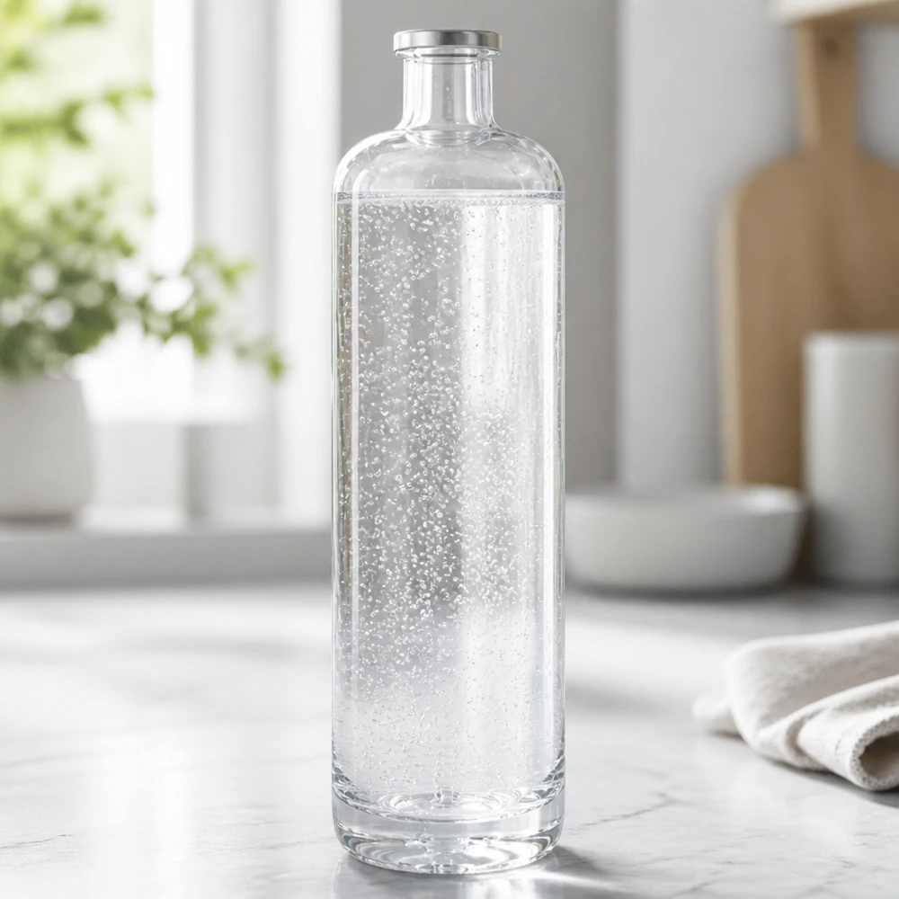 700ml Glasflasche Ella mit sprudelndem Mineralwasser gefüllt auf heller Küchenarbeitsplatte in modernem Ambiente