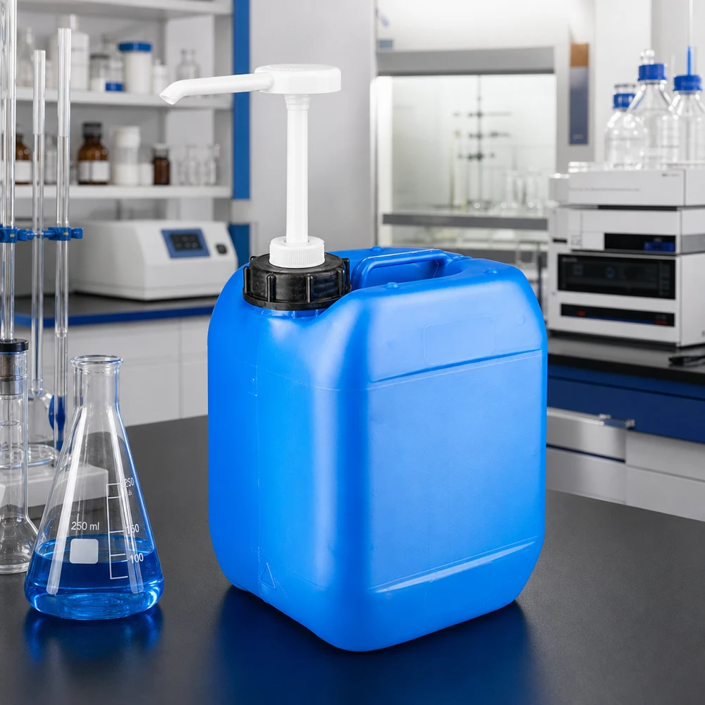 Blauer Vorratsbehälter 5 Liter mit integrierter Dosierpumpe und stabilem Griffbügel oben