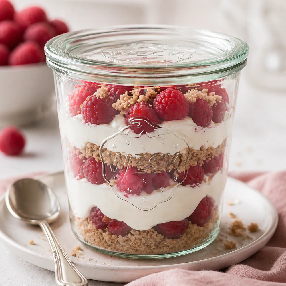 580ml Sturzglas mit Glasdeckel WECK RR100 WECK Sturzglas 580ml RR100 als Dessertglas mit Himbeer-Schichtdessert und Streuseln dekorativ angerichtet