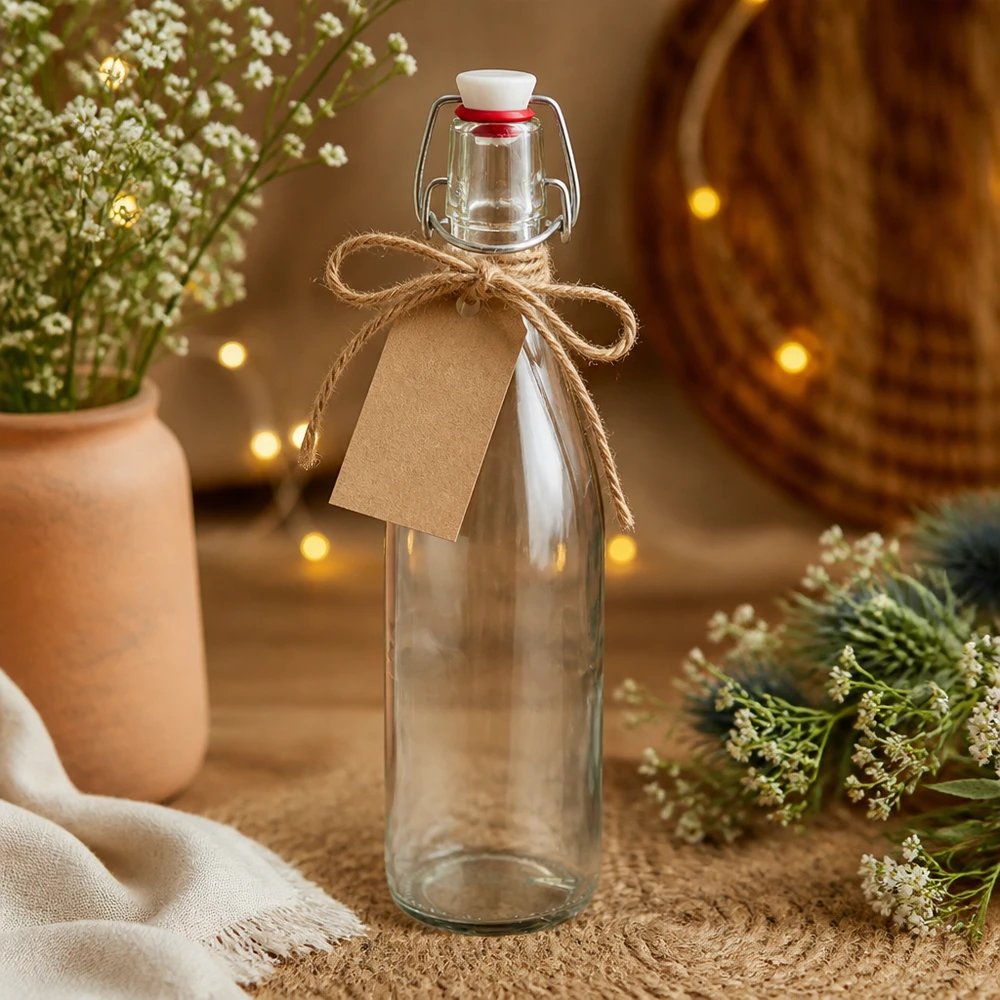 Glasflasche 500ml Bügelverschluss Porzellan als Geschenk mit Kraftpapier-Anhänger und Juteschnur dekoriert