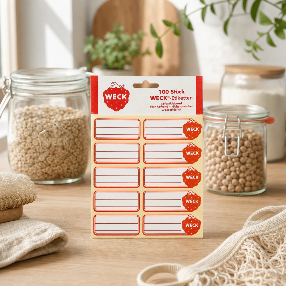 WECK Etiketten Produktverpackung mit 100 Stück selbstklebenden Aufklebern neben Vorratsglasern mit Getreide
