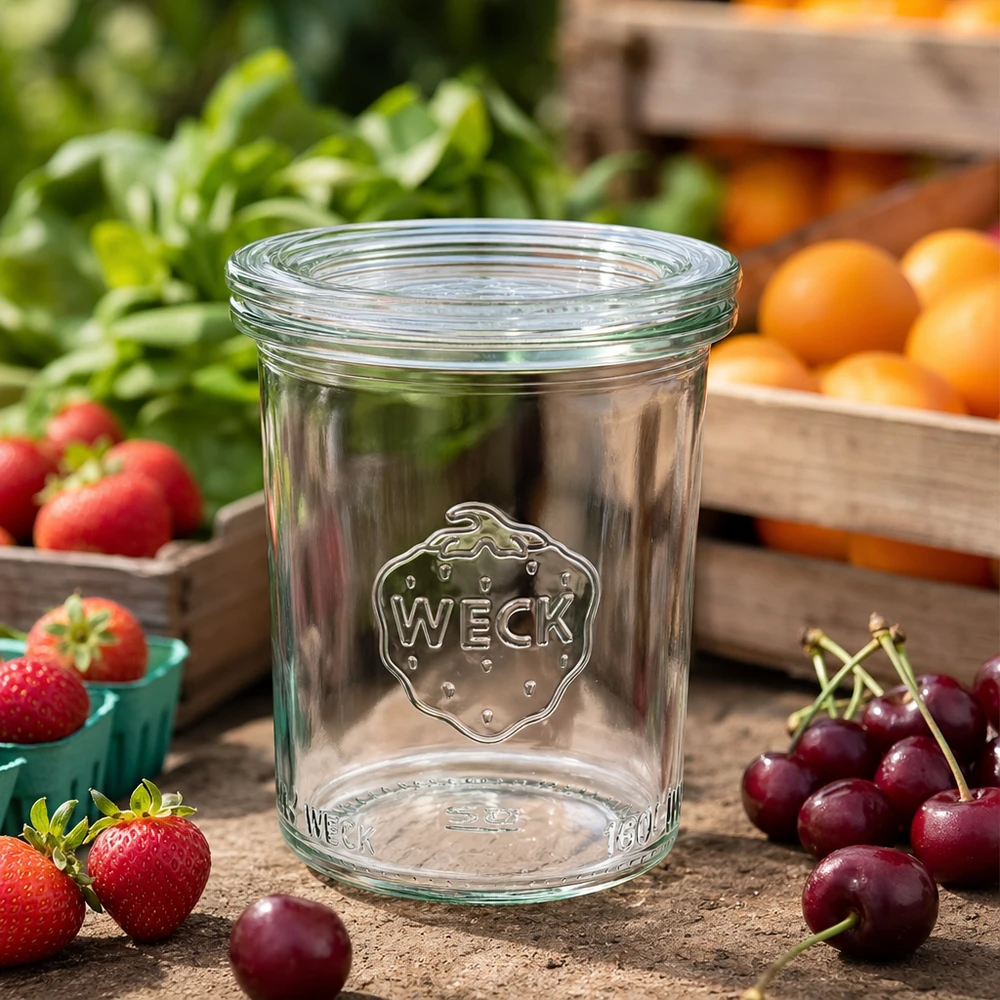 WECK Sturzglas RR60 160ml leer auf Holztisch mit frischen Kirschen, Erdbeeren und Orangen für Einmachen