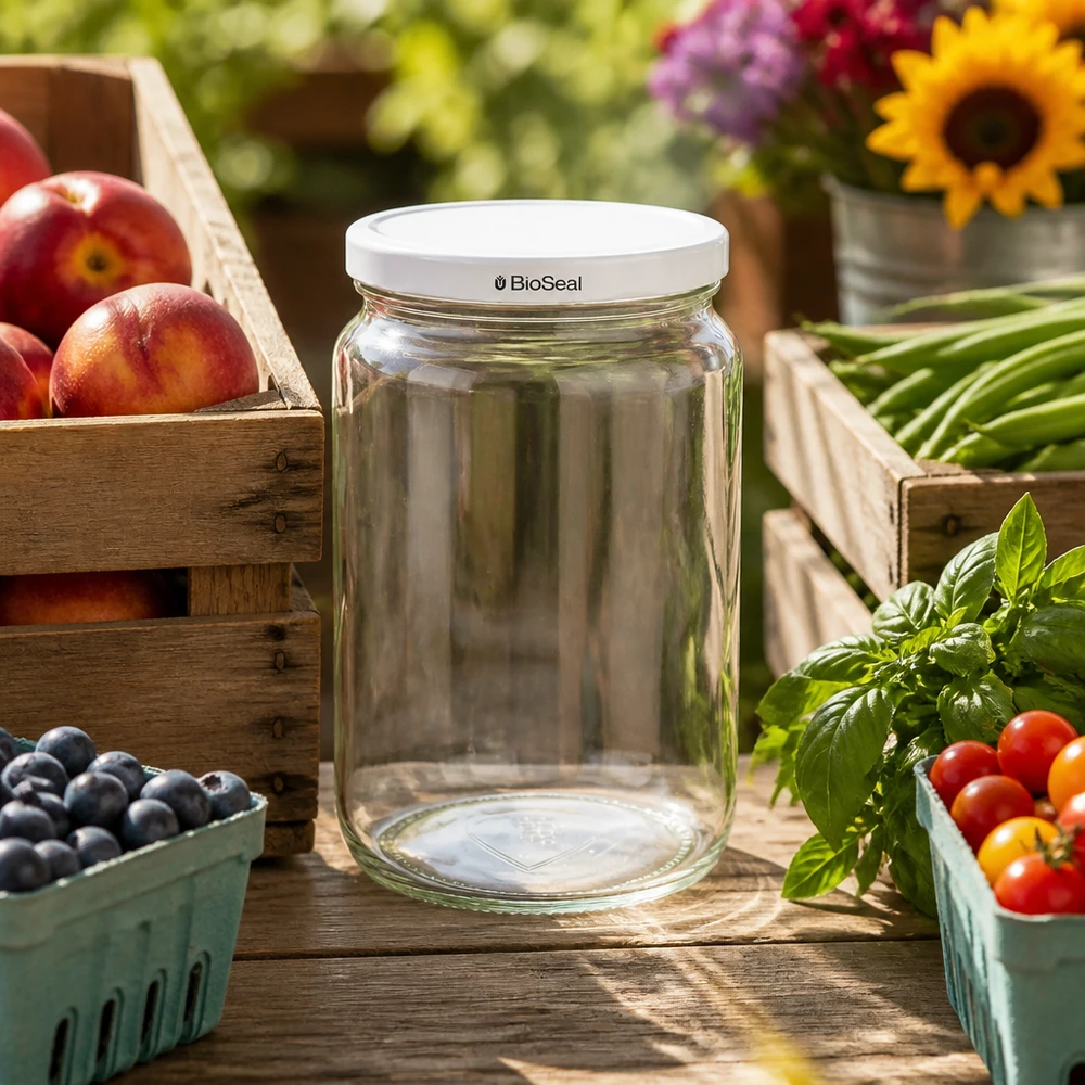 795ml Rundglas mit BioSeal Deckel weiß UNiTWIST UNiTWIST Runda795 leeres Einmachglas mit weißem BioSeal Deckel auf Holztisch zwischen frischem Obst und Gemüse