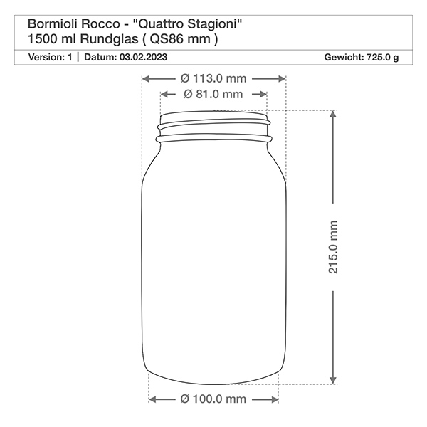 1500ml Rundglas "Quattro Stagioni" mit Deckel Technische Zeichnung Bormioli Rocco Quattro Stagioni 1500ml Rundglas - Maße und Spezifikationen für Einmachglas
