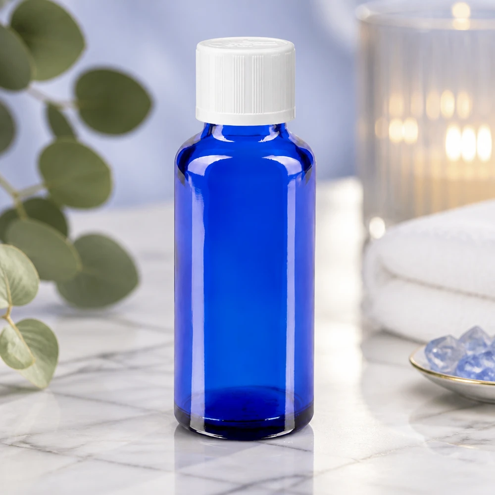 Apothekenflasche blau 30ml Tropfverschluss weiß Kindersicherung Standard Zylindrische 30ml Blauglasflasche mit Präzisionstropfer für Serum Tinktur oder Aromaöl