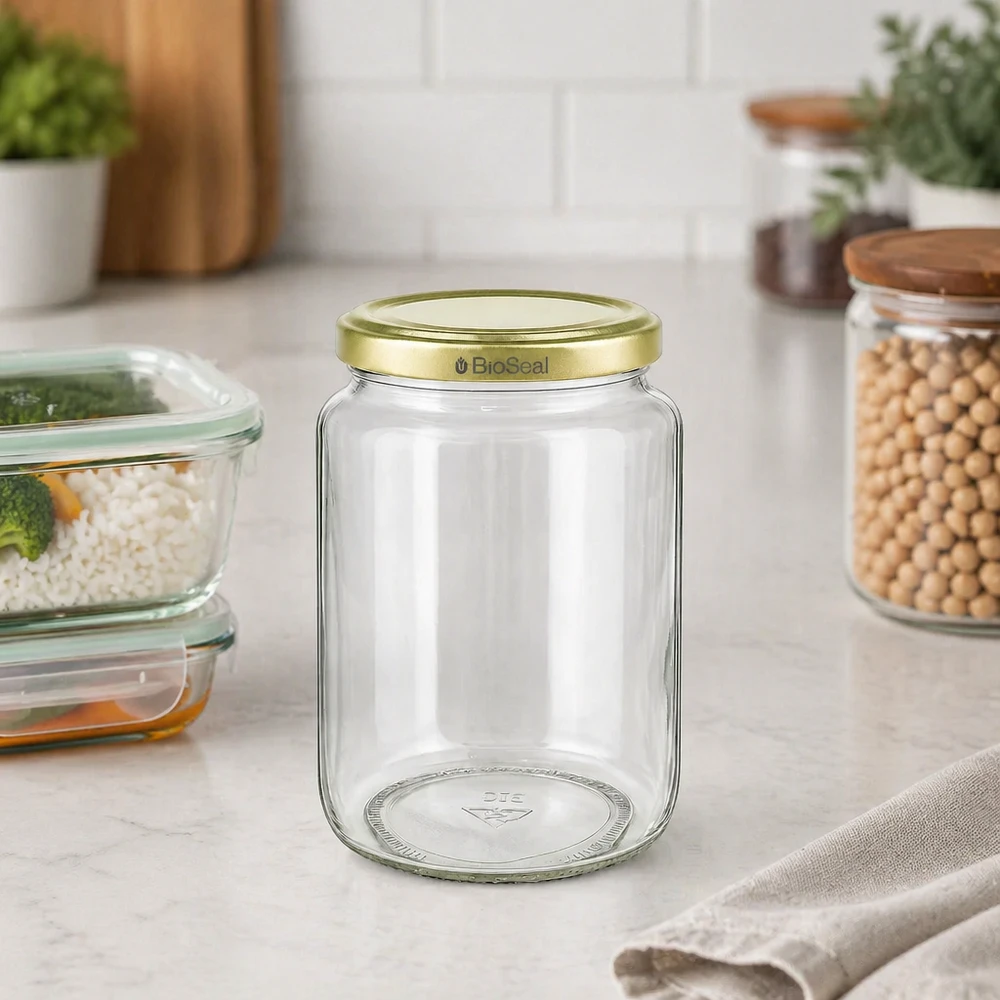 1000g BioSeal Honigglas leer mit goldenem Schraubdeckel auf Küchenarbeitsplatte neben Vorratsgläsern mit Kichererbsen