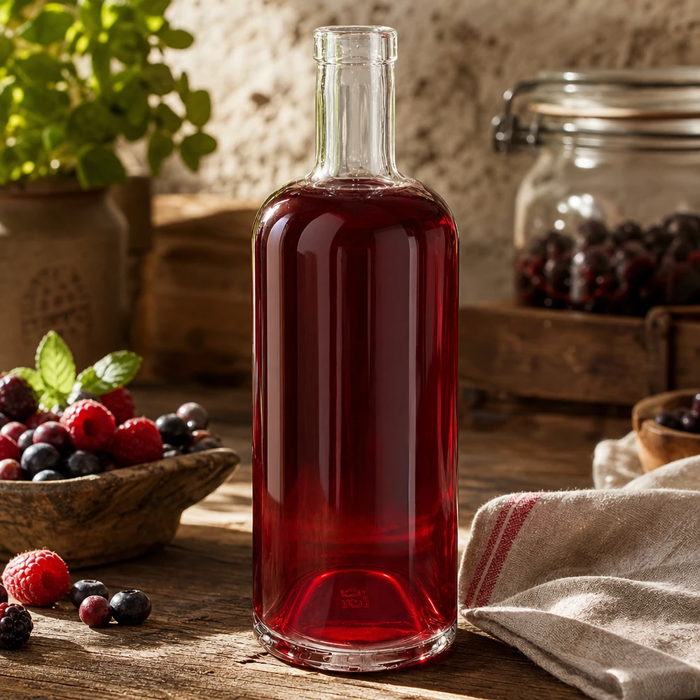 750ml Glasflasche "Attila" ohne Verschluss UNiTWIST® 750ml Glasflasche Emma mit rotem Beerensaft gefüllt umgeben von frischen Beeren und rustikaler Küchendekoration