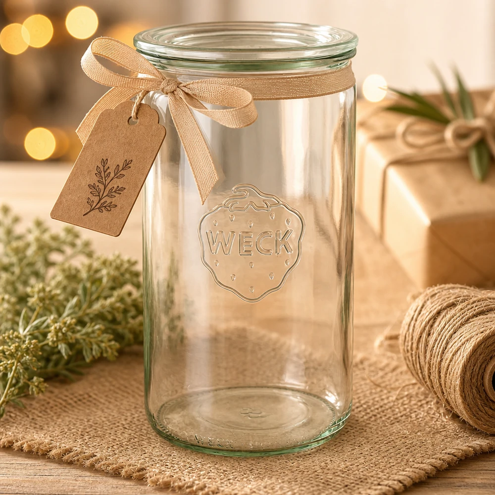1590ml Zylinderglas mit Glasdeckel WECK RR100 WECK Zylinderglas 1590ml RR100 leer mit braunem Geschenkband und Anhänger weihnachtlich dekoriert auf Holztisch