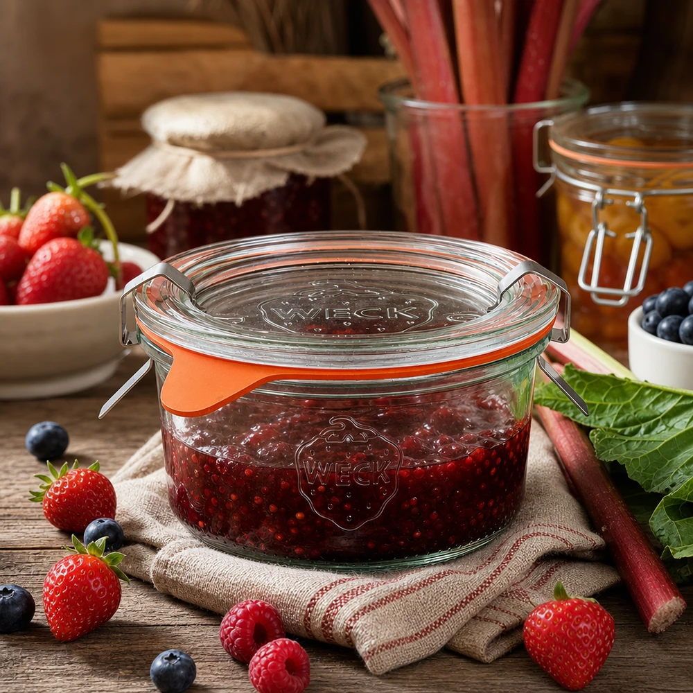 WECK Sturzglas 165ml RR80 gefüllt mit Beerenmarmelade umgeben von frischen Erdbeeren und Heidelbeeren auf Holztisch