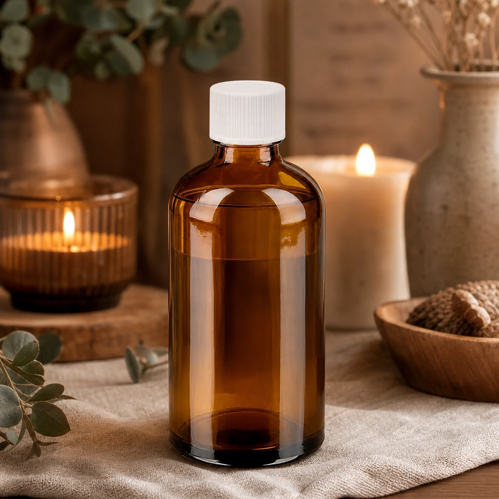 Robuste 100ml Glasflasche in Bernsteinfarbe mit weißem Schraubverschluss für Labor und Haushalt