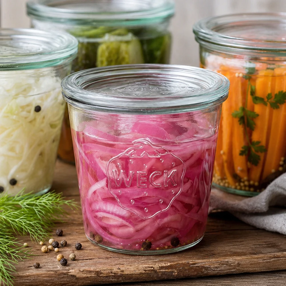 580ml Sturzglas mit Glasdeckel WECK RR100 WECK Sturzglas 580ml mit eingelegtem Gemüse und Gewürzen gefüllt als Fermentierung Beispiel neben Dill