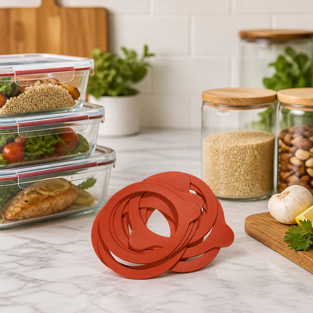 Einkochring Naturgummi RR100 Einkochringe RR100 Naturgummi rot auf Marmor-Arbeitsplatte neben Meal-Prep-Boxen und Vorratsgläsern in moderner Küche