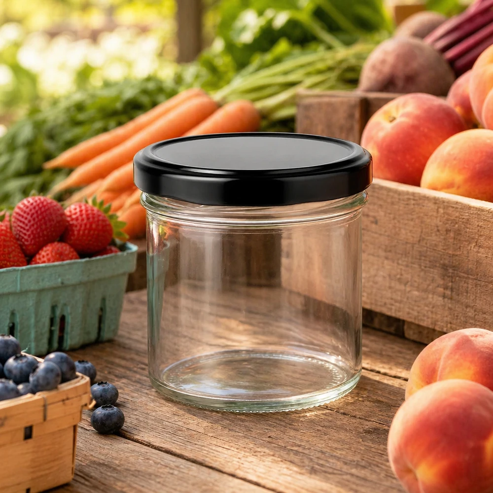 125ml Sturzglas mit schwarzem Deckel zwischen frischem Obst und Gemüse auf Holztisch Marktstand-Atmosphäre