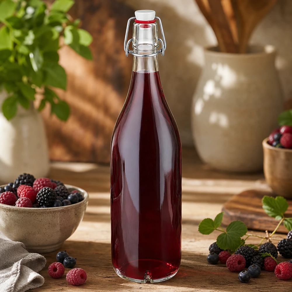 1000ml Glasflasche und Bügelverschluss Porzellan UNiTWIST 1000ml Glasflasche mit Bügelverschluss gefüllt mit Beerensaft neben frischen Himbeeren und Blaubeeren auf Holz