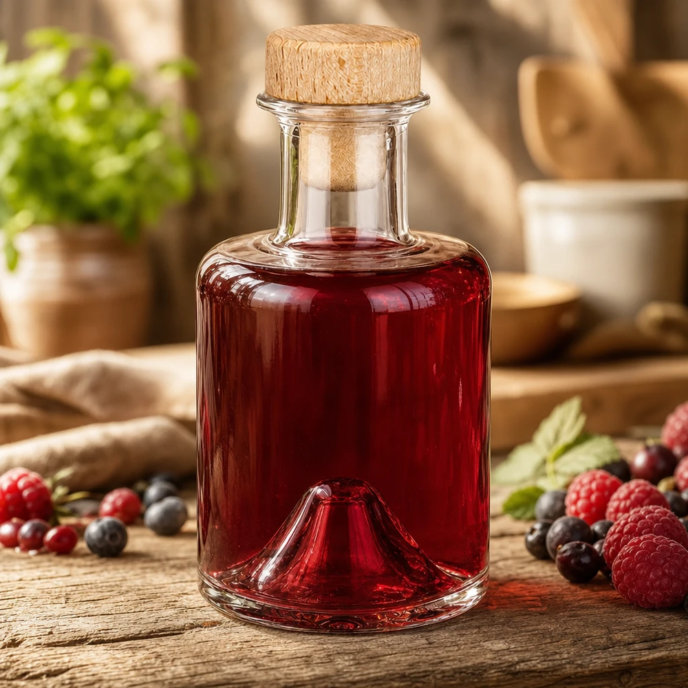 200ml Glasflasche "Sofia" mit Holzgriff-Korken UNiTWIST 200ml Glasflasche Sofia mit Holzkorken gefüllt mit Beerenlikör neben Himbeeren und Heidelbeeren in rustikaler Küchenszen