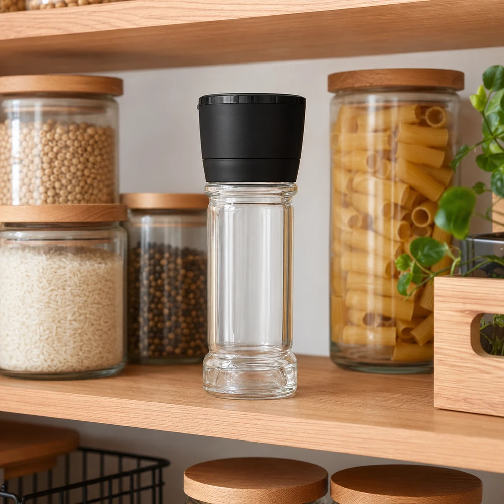 Salz-/Gewürzglas 100ml mit Mühle Vario schwarz Nachfüllbares Gewürzglas 100ml mit Mühle Vario schwarz neben Pasta und Pfefferkörnern