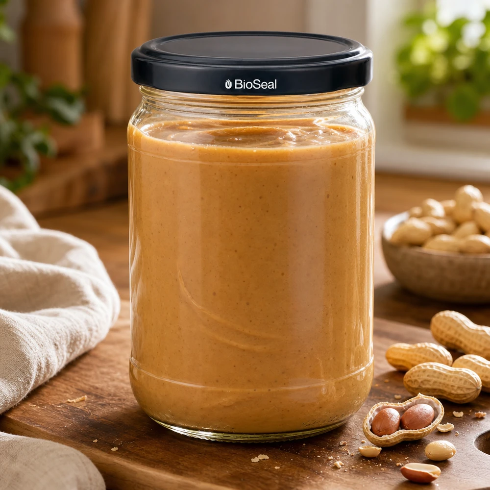 305ml Rundglas + BioSeal Deckel schwarz UNiTWIST UNiTWIST Runda305 Glas mit Erdnussbutter gefüllt und schwarzem BioSeal Deckel umgeben von Erdnüssen auf Holzuntergrund