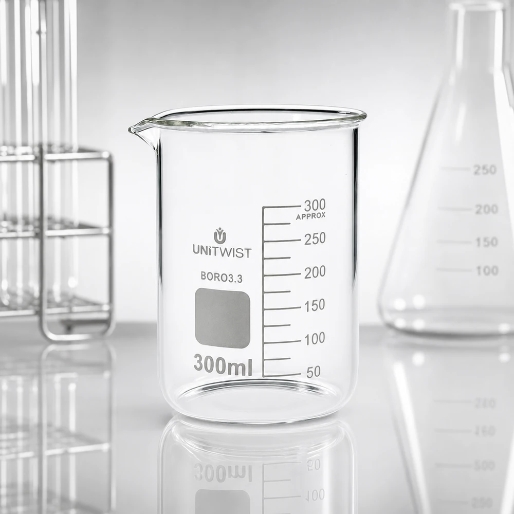 Becherglas 300ml Borosilikat, niedrige Form UNiTWIST Becherglas 300ml Borosilikat UNiTWIST mit Beschriftungsfeld und Erlenmeyerkolben im Set
