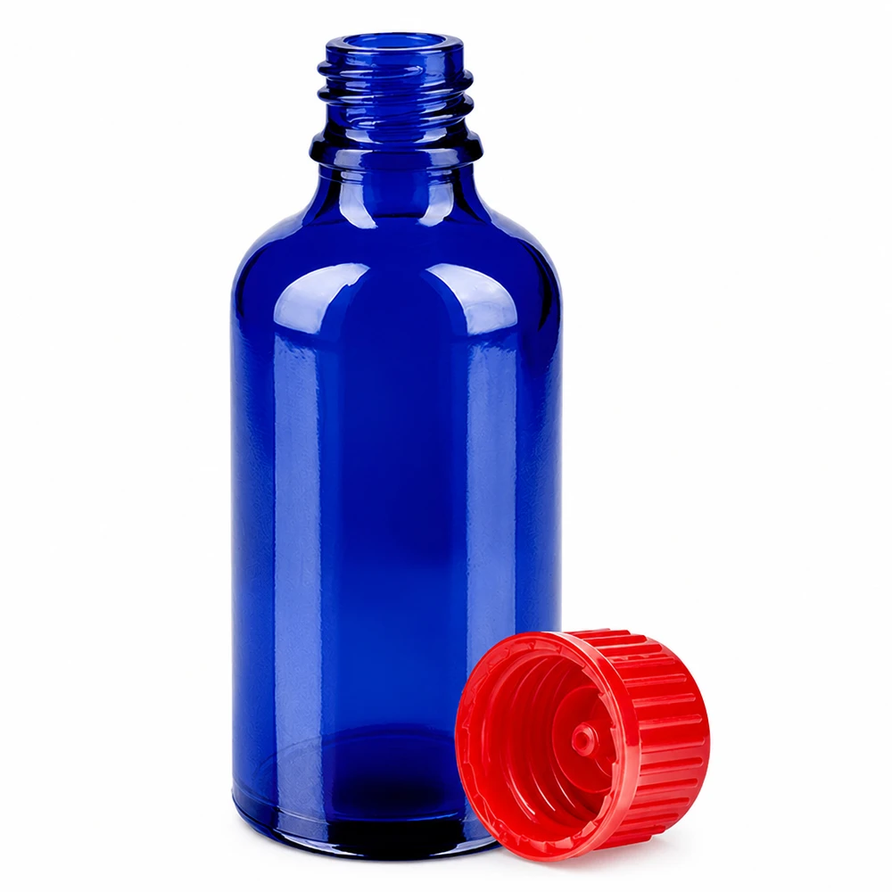 Apothekerflasche 50ml in tiefblauem Glas mit rotem Deckel zum Schutz lichtempfindlicher Substanzen