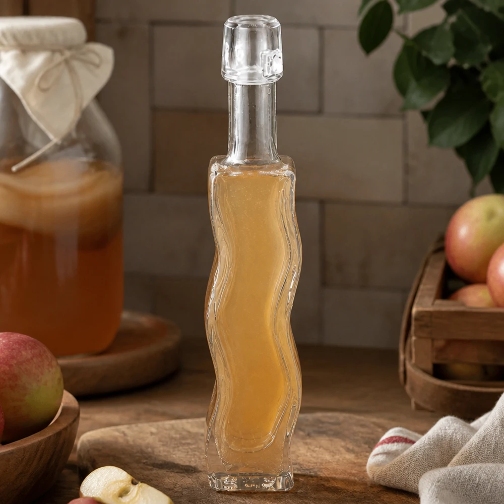 40ml Glasflasche "Anna" ohne Bügelverschluss UNiTWIST 40ml Glasflasche Anna mit Apfelessig befüllt rustikale Küche Holzbrett frische Äpfel natürliche Zutaten Vinaigrette