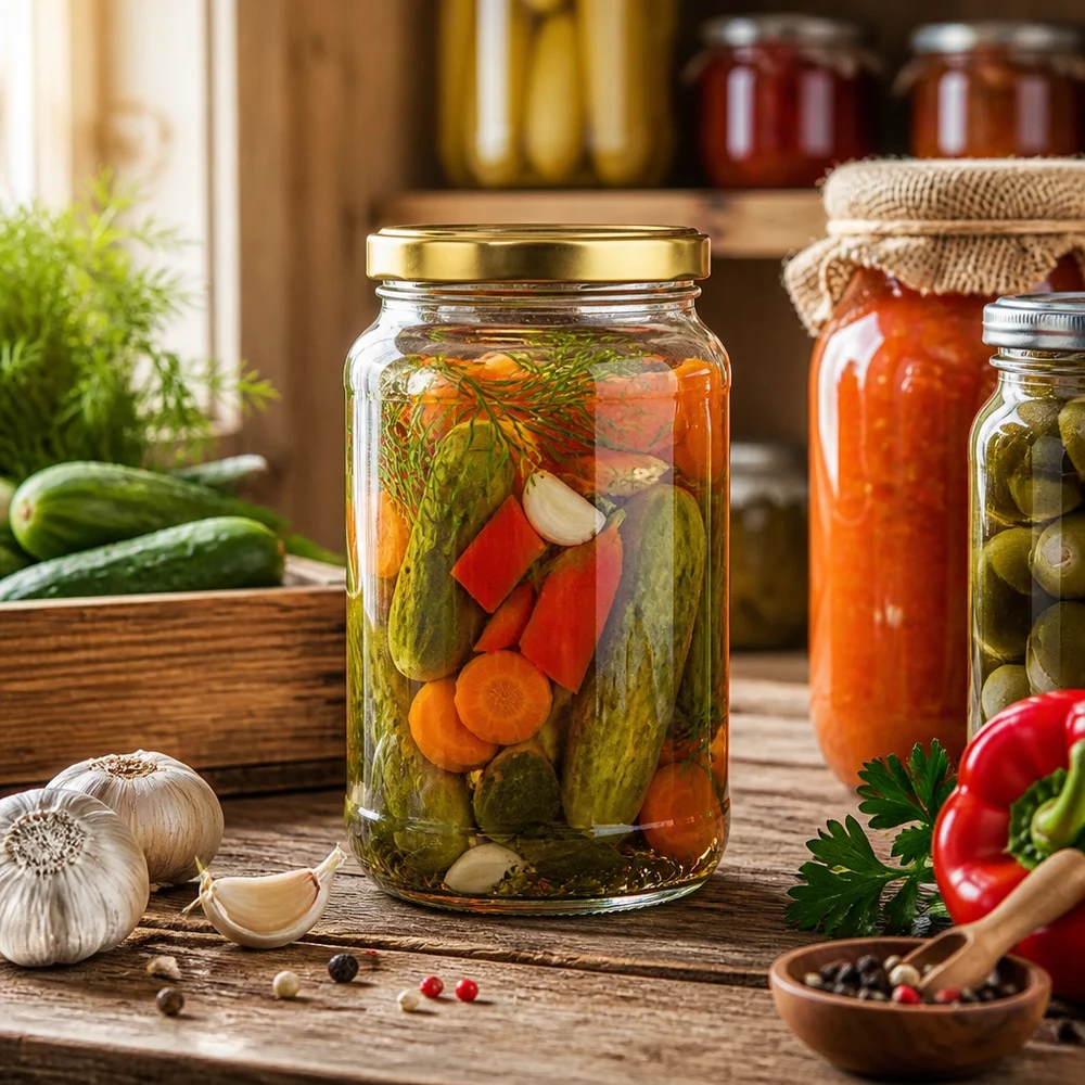 1700ml Rundglas BasicSeal gold beim Einkochen von Gemüse - Einmachglas für Gurken Paprika und Mixed Pickles