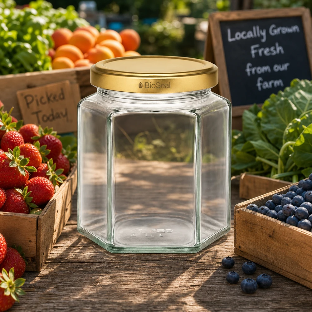 390ml Hexaglas mit BioSeal Deckel gold UNiTWIST UNiTWIST Hexa390 leeres Glasgefäß mit goldenem BioSeal Deckel auf Bauernmarkt zwischen frischen Früchten und Gemüse
