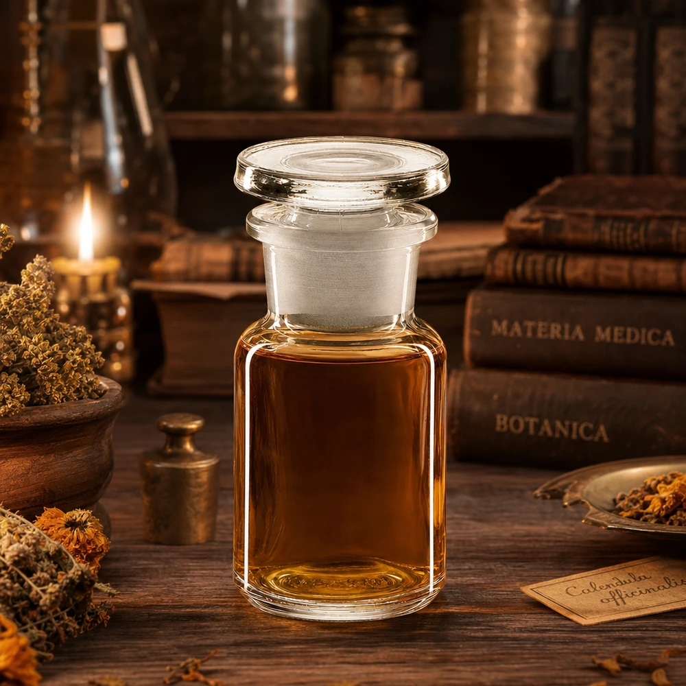 Rundschulterfl. 50ml klar Weithals Glasstopfen Medizinische Rundschulterflasche Weithals 50ml Klarglas mit Stopfen und Kräuterdekoration