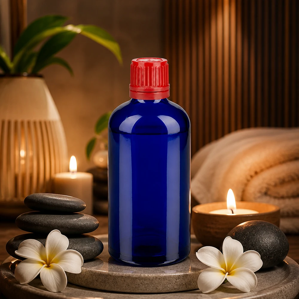 Kompakte Glasflasche 100ml BlueLine Serie mit rotem Kindersicherheitsverschluss UT18/100