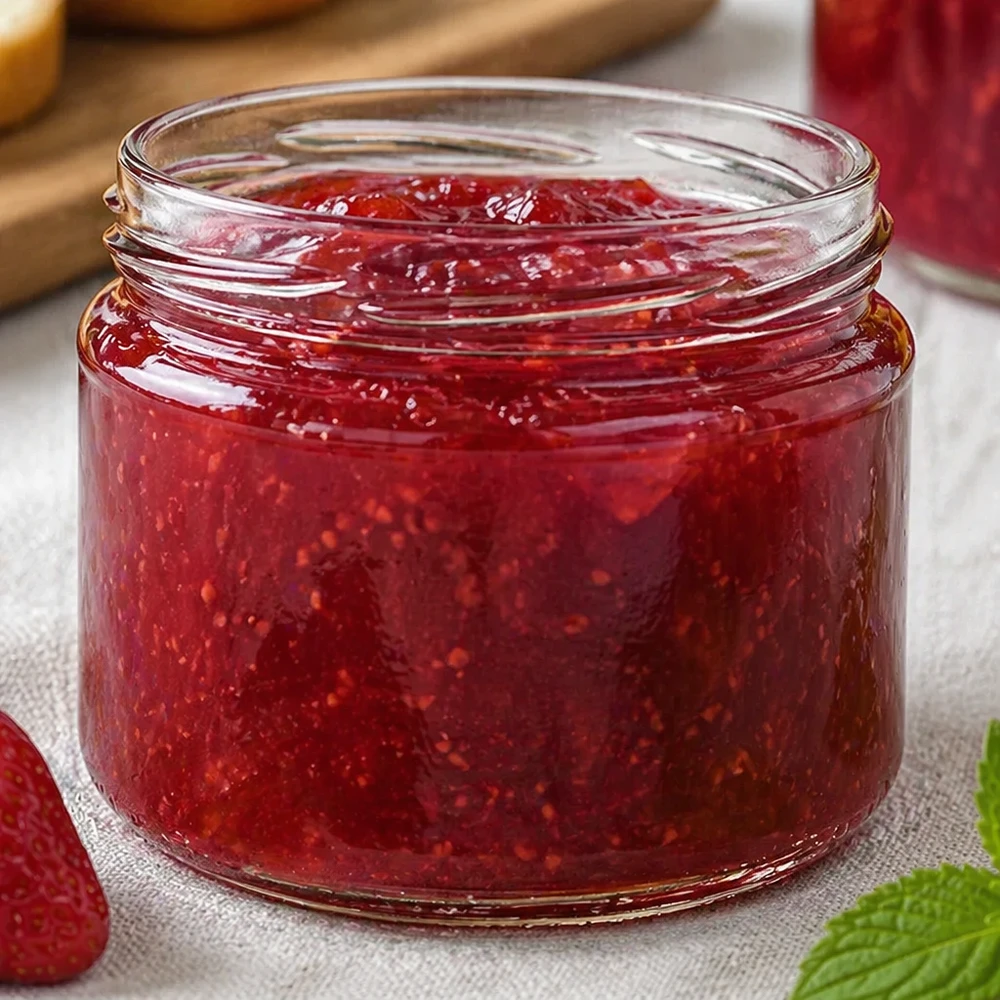 330ml Rundglas ohne Deckel (TO82) UNiTWIST UNiTWIST Runda330 Rundglas gefüllt mit roter Erdbeermarmelade Konfitüre hausgemacht selbstgemacht Einkochen