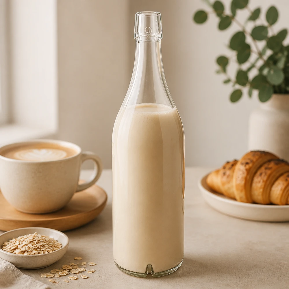 1000ml Glasflasche ohne Bügelverschluss UNiTWIST® Glasflasche 1000ml UNiTWIST mit Hafermilch gefüllt Frühstückstisch Croissant Kaffee helle Küche pflanzlich